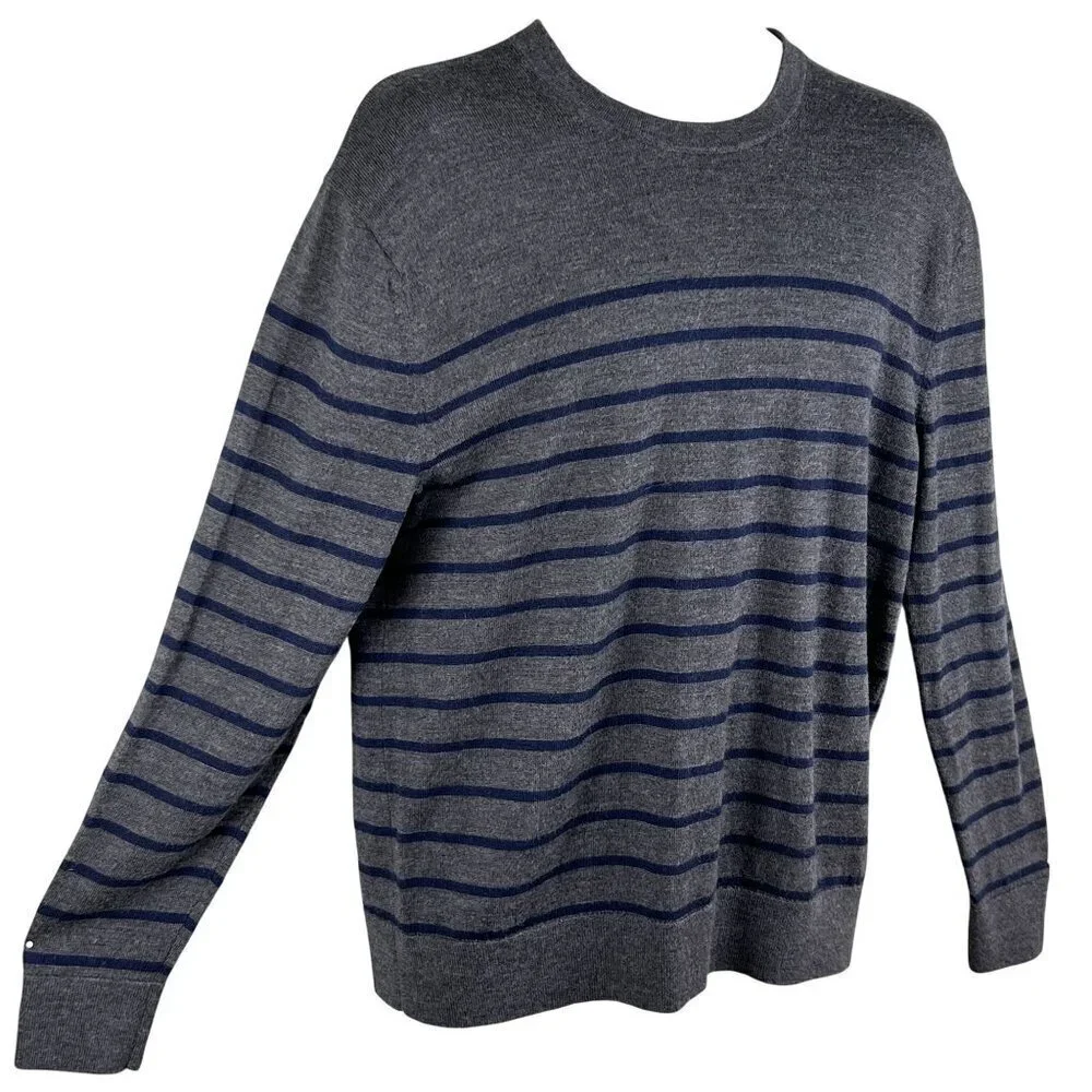 Banana Republic Mens L 100% Merino Wool Gray Navy Striped Sweater Quiet Luxury